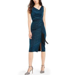 INC  Women's Belted Cowlneck Shimmer Dress Black with teal green Size 6